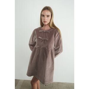 Aaron & Amber Corduroy Babydoll Mini Dress Women's M Mauve Ribbon Tie Mini Dress